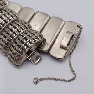 Chunky Silver Tone Panel Bracelet with Safety Chain