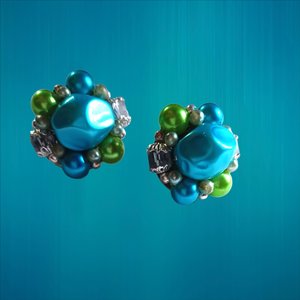 Mid Century Crystal, Teal and Neon Green Jewelry Set, Necklace Bracelets and Earrings