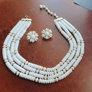 Japan White Glass Disks with Gold Details Multi-Strand Necklace and Earrings Jewelry Set