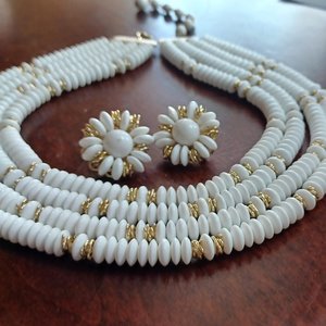 Japan White Glass Disks with Gold Details Multi-Strand Necklace and Earrings Jewelry Set