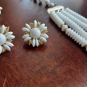 Japan White Glass Disks with Gold Details Multi-Strand Necklace and Earrings Jewelry Set