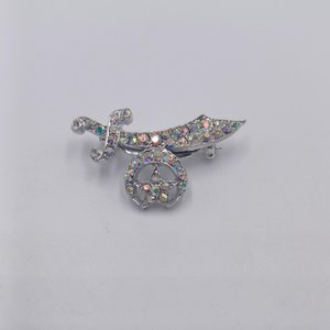 Shriner Masonic Scimitar Crescent & Star Over 30 AB Rhinestones Silver Tone Pin