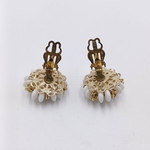 Japan White Glass Disks with Gold Details Multi-Strand Necklace and Earrings Jewelry Set