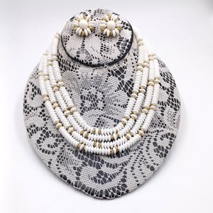 Japan White Glass Disks with Gold Details Multi-Strand Necklace and Earrings Jewelry Set