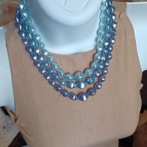 Vintage 1950's Multi-strand Metallic 3 Shades of Blue Beaded Choker Necklace