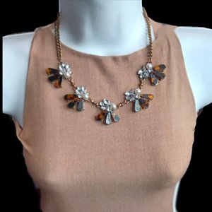 Faux Tortoise Shell and Large Clear Rhinestones Statement Necklace