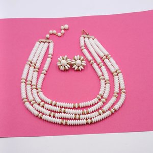 Japan White Glass Disks with Gold Details Multi-Strand Necklace and Earrings Jewelry Set
