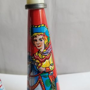 Pair of  1950's Tin Toy Litho Noise Maker Birthday Party Horns