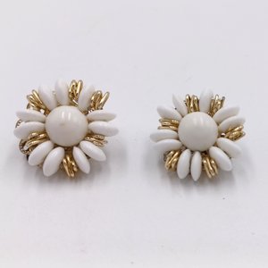 Japan White Glass Disks with Gold Details Multi-Strand Necklace and Earrings Jewelry Set