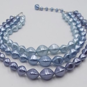Vintage 1950's Multi-strand Metallic 3 Shades of Blue Beaded Choker Necklace
