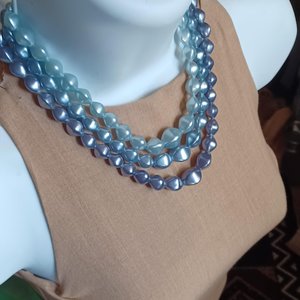 Vintage 1950's Multi-strand Metallic 3 Shades of Blue Beaded Choker Necklace