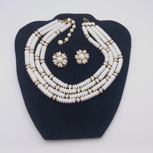 Japan White Glass Disks with Gold Details Multi-Strand Necklace and Earrings Jewelry Set