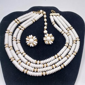 Japan White Glass Disks with Gold Details Multi-Strand Necklace and Earrings Jewelry Set