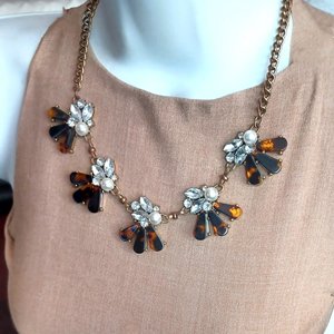 Faux Tortoise Shell and Large Clear Rhinestones Statement Necklace