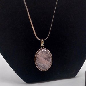 Sterling Silver  and Large Rose Quartz Oval Bezel Set Cabochon Pendant Necklace