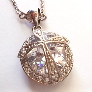 Sterling Silver and Large Cubic Zirconia Pendant on Very Long Chain Pendant Necklace