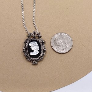 Vintage Sterling Silver, Marcasite and Carved Mother of Pearl Cameo Pendant/Brooch and Sterling Chain Necklace