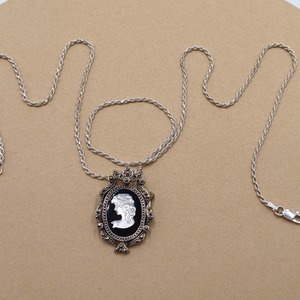 Vintage Sterling Silver, Marcasite and Carved Mother of Pearl Cameo Pendant/Brooch and Sterling Chain Necklace