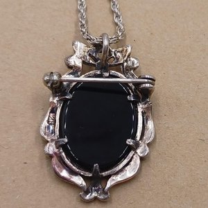 Vintage Sterling Silver, Marcasite and Carved Mother of Pearl Cameo Pendant/Brooch and Sterling Chain Necklace