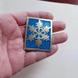 Vintage Rectangle Alpaca Mexico Silver Enamel Snowflake Brooch/Pendant