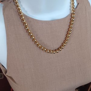Shiny Gold Tone 5mm Beads Strung on Chain, Gold Pearls Choker Necklace