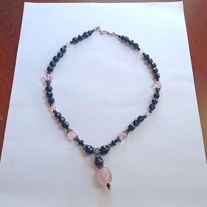 Black Glass Beads, Rose Quartz and Pink Crystal Bicones Beaded Necklace