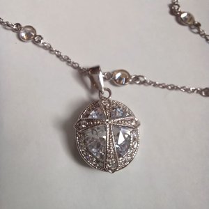 Sterling Silver and Large Cubic Zirconia Pendant on Very Long Chain Pendant Necklace