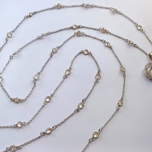 Sterling Silver and Large Cubic Zirconia Pendant on Very Long Chain Pendant Necklace