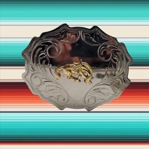 Western Two Toned Vintage Stamped Shiny Nickel Plated and Brass Bronco Horse Rodeo Belt Buckle