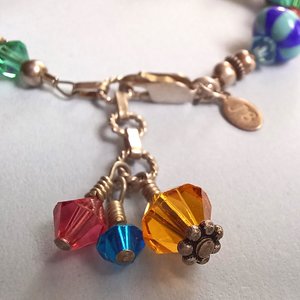 Colorful and Fun, Signed JB, Lampwork Glass and Crystal Bicone Beads Beaded Bracelet