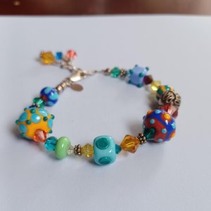 Colorful and Fun, Signed JB, Lampwork Glass and Crystal Bicone Beads Beaded Bracelet