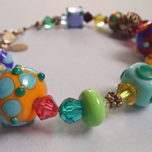 Colorful and Fun, Signed JB, Lampwork Glass and Crystal Bicone Beads Beaded Bracelet