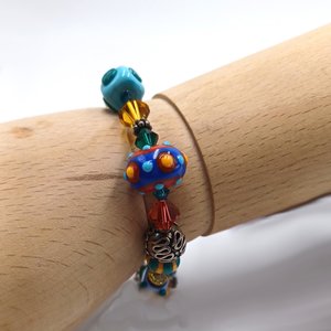 Colorful and Fun, Signed JB, Lampwork Glass and Crystal Bicone Beads Beaded Bracelet