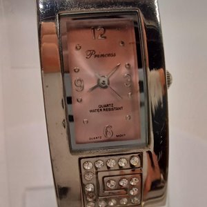 Vintage Princess Silver Tone and Pink Clamper Bracelet Wrist Watch,