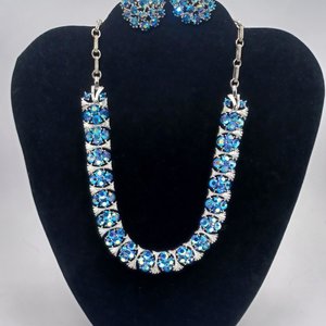 Vintage Lisner and Pakula Silver Tone and Light Blue Peacock Aurora Borealis Rhinestones Jewelry Set, Maximum Sparkle, Demi Parure