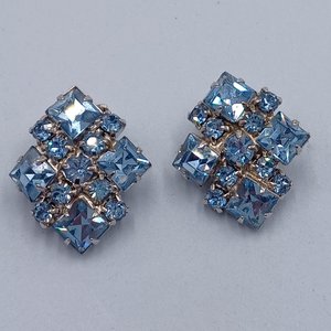 Vintage 1950's Light Blue Rhinestone Clip On Earrings Lot- 4 Pairs