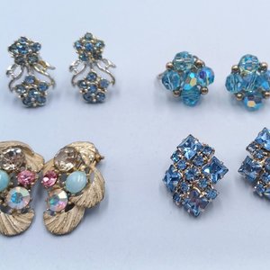 Vintage 1950's Light Blue Rhinestone Clip On Earrings Lot- 4 Pairs