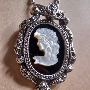 Vintage Sterling Silver, Marcasite and Carved Mother of Pearl Cameo Pendant/Brooch and Sterling Chain Necklace