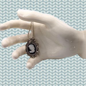Vintage Sterling Silver, Marcasite and Carved Mother of Pearl Cameo Pendant/Brooch and Sterling Chain Necklace