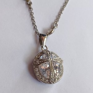 Sterling Silver and Large Cubic Zirconia Pendant on Very Long Chain Pendant Necklace