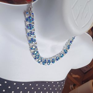 Vintage Lisner and Pakula Silver Tone and Light Blue Peacock Aurora Borealis Rhinestones Jewelry Set, Maximum Sparkle, Demi Parure