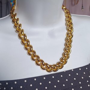 Vintage Shiny Gold Tone Chunky Half Link Curb Chain Statement Necklace