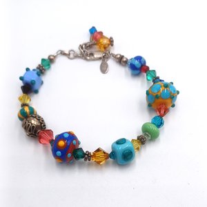 Colorful and Fun, Signed JB, Lampwork Glass and Crystal Bicone Beads Beaded Bracelet