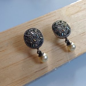 Sterling Silver and Marcasite Oval Basket Weave Design Post Earrings