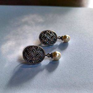 Sterling Silver and Marcasite Oval Basket Weave Design Post Earrings