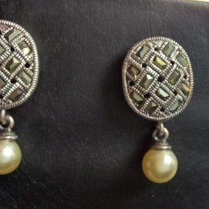 Sterling Silver and Marcasite Oval Basket Weave Design Post Earrings