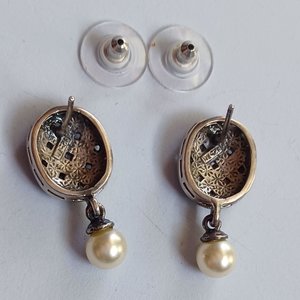 Sterling Silver and Marcasite Oval Basket Weave Design Post Earrings