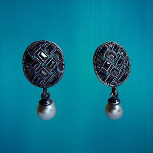 Sterling Silver and Marcasite Oval Basket Weave Design Post Earrings