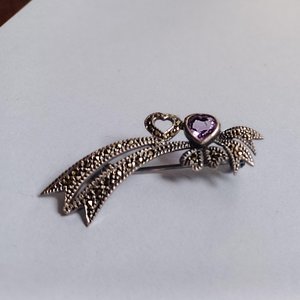 Sterling Silver, Marcasite and Amethyst Art Deco Hearts and Ribbons Brooch