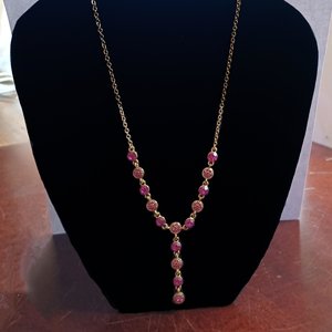 Vintage Shiny Gold Tone and Hot Pink Rhinestones Lariat "Y" Necklace, Gift for Her